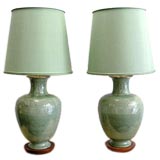 Pair of Large Green Ceramic Lamps with Shades