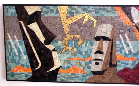 Large wall mosaic from the 1950s. Dramatic and colorful.