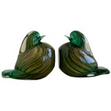 Vintage Pair of Green and Gold Murano Glass Birds