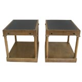 Pair of Leather and Wood Tables with Drawer