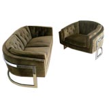 Chrome and Upholstered Loveseat and Chair by Milo Baughman