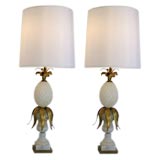 Pair of Italian Marble and Gilded Metal Pineapple Lamps