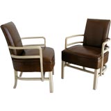 Pair - American Modern Streamline Leather and Wood Armchairs