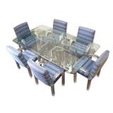 Glass and Lucite Dining Table with Six Lucite Upholstered Chairs