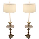 Pair of 1940s Custom Brass and Wood Floor Lamps