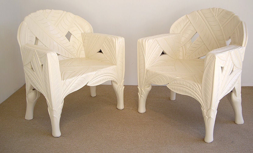 Pair of Carved Wood Banana Leaf Chairs 1