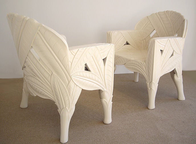 Late 20th Century Pair of Carved Wood Banana Leaf Chairs