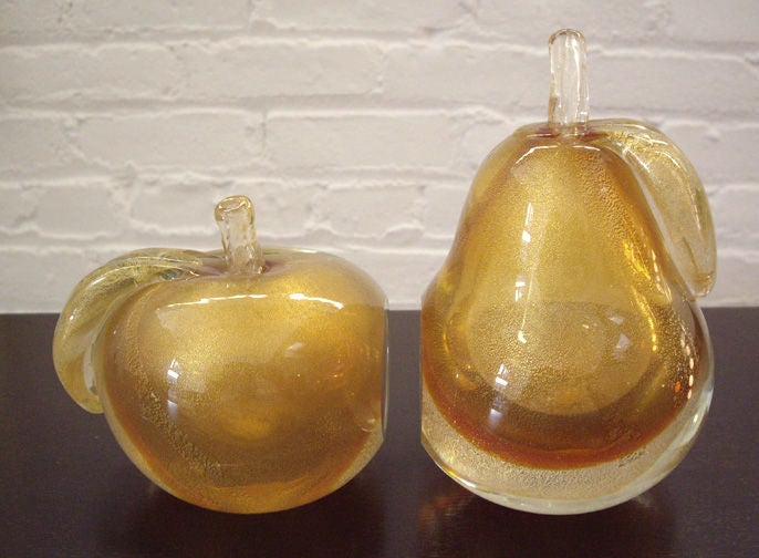 Mid-20th Century Gold Murano Glass Pear and Apple Bookends