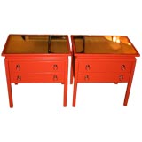 Pair of Coral Lacquer Nightstands with Gold Leafed Mirror Top