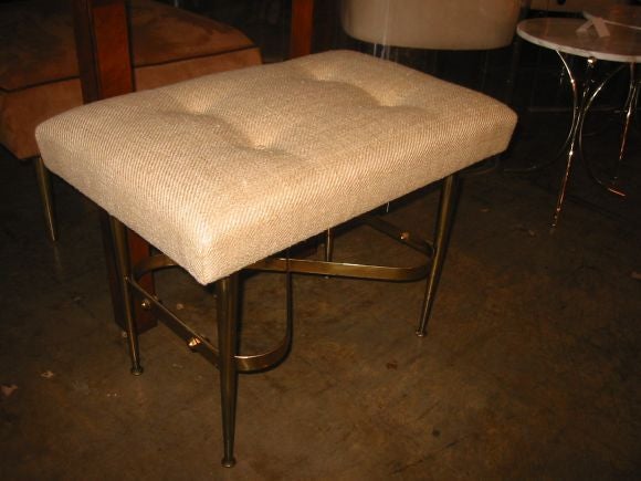 Small Italian Upholstered Brass Bench with Infinity Stretcher