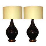 Pair of Aubergine Gourd Lamps With Pale Green Shades