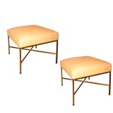 Pair of Paul McCobb Brass Stools Upholstered in Raffia