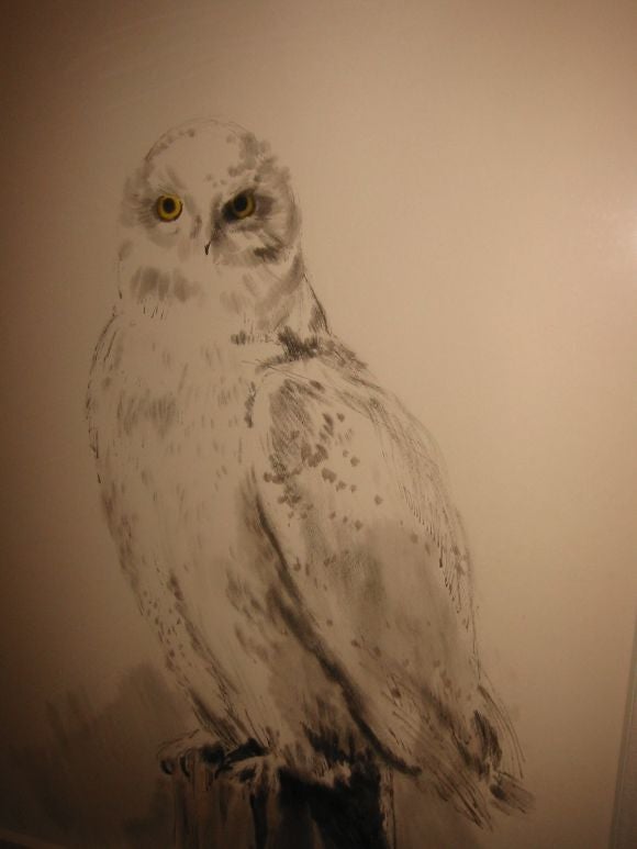 Handsome ink and watercolor drawing of an owl by Van Day Truex, legendary design director of Tiffany & Co. and the dean at Parsons School of Design.