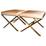 Pair of Brass X-Leg Stools with Beige Silk Satin Upholstery