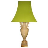 Alabaster Urn Lamp with Custom Green Silk Shade