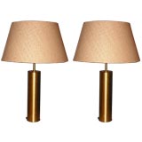 Pair of Nessen Satin Brass Cylinder Lamps with Herringbone Shade
