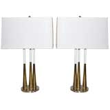 Pair of Wonderful, Conical Brass Table Lamps with Lucite Bases