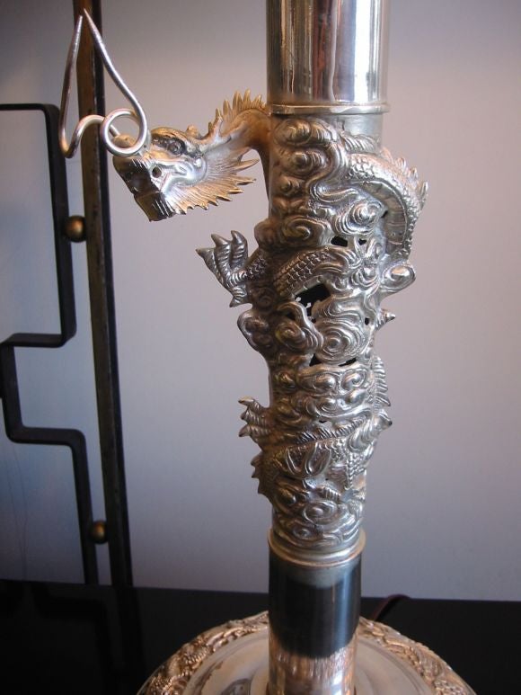 Pair of Silver Plated Dragon Lamps
