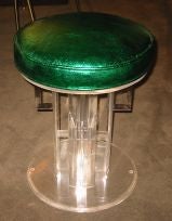 Lucite Stool with Metallic Ostrich Skin Embossed Leather