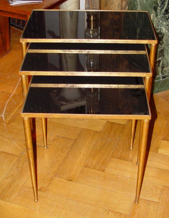 Gilt bronze nasting table with original opaline glass top