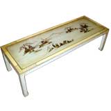 Elegant 1940's english lacquer coffee table with Asian Decor.