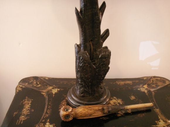 Hand carved lamp with custom parchment shade