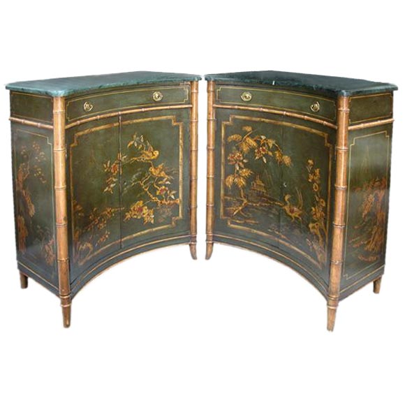 pair of english regency green japanned and faux bamboo concave t