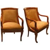 Pair French Empire Walnut Fauteuils