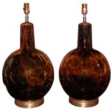 Pair of Faux Tortoise Glass Lamps