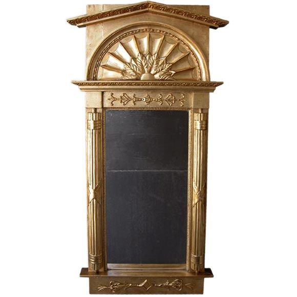 Swedish Empire Gilt Wood Mirror w Pointed Pediment Above a Splayed Fan Motif