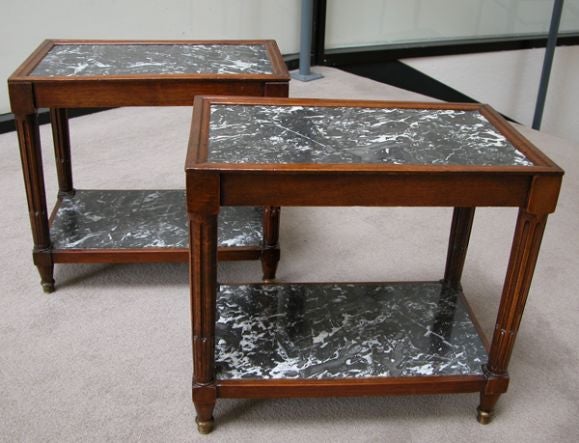 A Small Pair of Louis XVI Style Walnut Side Tables with Marble