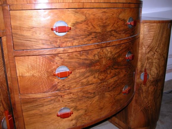 Burl Chic and Richly-Paintated French Art Deco Oval-Form, Three Drawer Sideboard