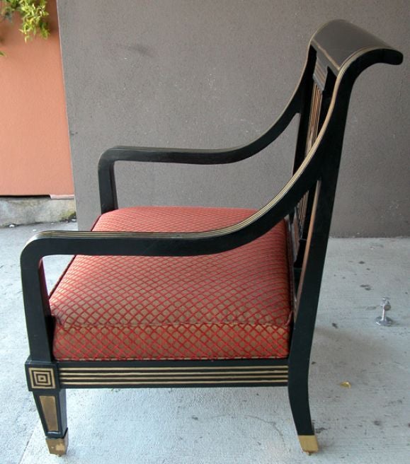 Boldly Scaled Russian Neoclassical Style Black Lacquer Armchair w Brass Inlay In Good Condition In San Francisco, CA