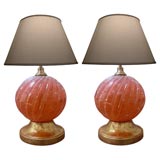 Pair of Italian Spherical Peach-Colored Art Glass Lamps