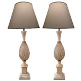 Pair of Italian White Marble and Opalescent Ribbed Glass Lamps