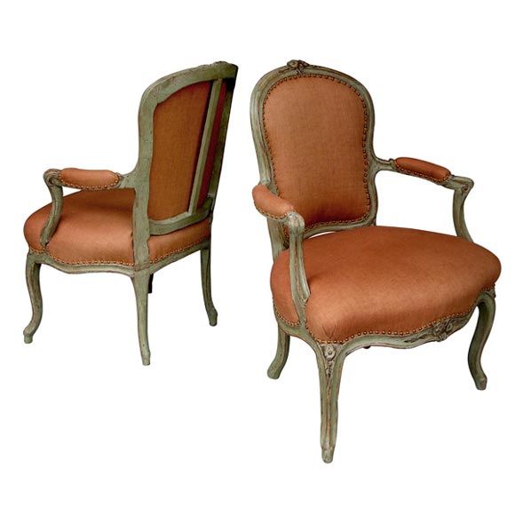 A Pair of French Louis XV Painted Open Armchairs