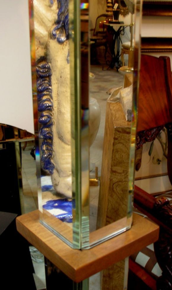 A Chic French Art Deco Mirrored Floor Lamp with Walnut Dividers