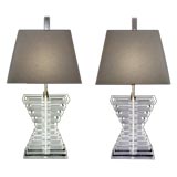 A Striking Pair of American Chiseld Hour Glass Form Lucite Lamps