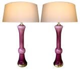 A Tall Pair of Italian Mid-Century Purple Art Glass Lamps