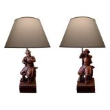 Antique Pair of Belgian Folk Art Wooden Figures of Musicians Now Lamps