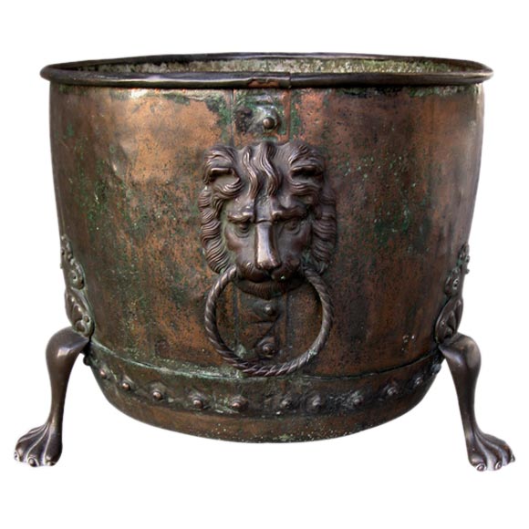 Large-Scaled English Copper Coal/Log Bin with Lion Ring Handles