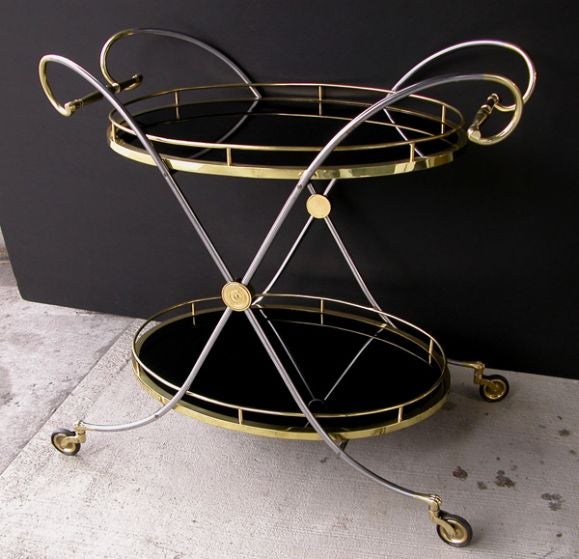 A Chic French Art Deco Oval Drinks Cart in Brass, Steel & Glass
