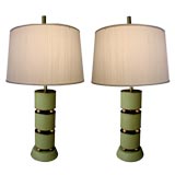 A Striking Pair of American Pale Green Leather Cylindrical Lamps