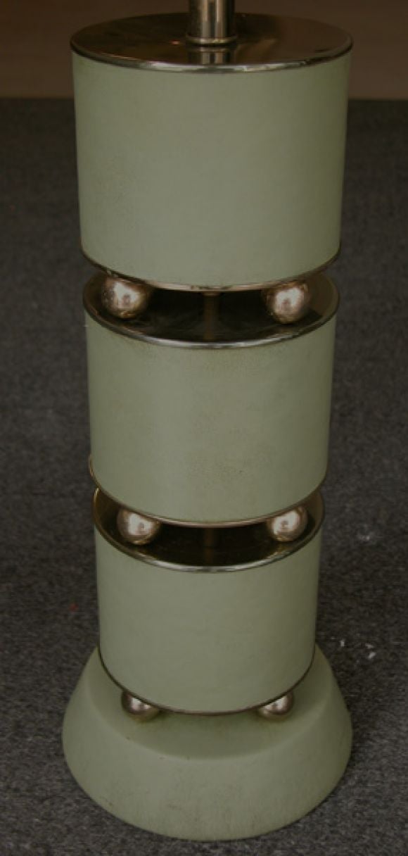 A Striking Pair of American Pale Green Leather Cylindrical Lamps