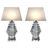 A Pair of American Lamps of Stacked Clear and Frosted Lucite