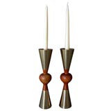 A Pair of Danish Brass & Teak Double Conical-Form Candlesticks