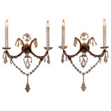 A Pair of French 1940's Gilt Tole anc Crystal 2-Arm Wall Lights