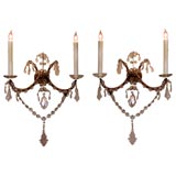 A Pair of French 1940
s Gilt Tole anc Crystal 2-Arm Wall Lights