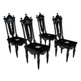 Antique Set of 4 Florentine Baroque Style Ebonized Chairs Classical Greek Inlaid Figures