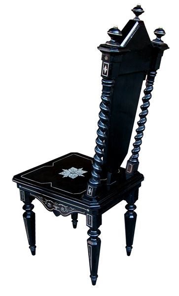 A well-executed set of four Florentine baroque style ebonized side chairs with ivory inlay of classical Greek figures; each splat with ivory inlaid figures of 4 of the muses; Erato (poetry), Euterpe (music), Melpomene (tragedy) and Urania (astronomy)